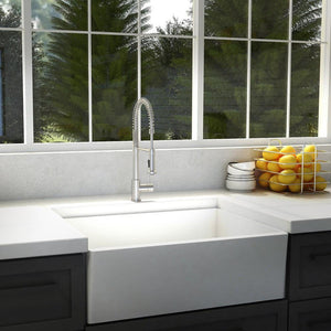 ZLINE Apollo Pull Down Spring Single Handle Kitchen Faucet in Brushed Nickel (APL-KF-BN) in a farmhouse kitchen.