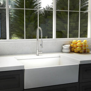 ZLINE Apollo Pull Down Spring Single Handle Kitchen Faucet in Brushed Nickel (APL-KF-BN) in a farmhouse kitchen.