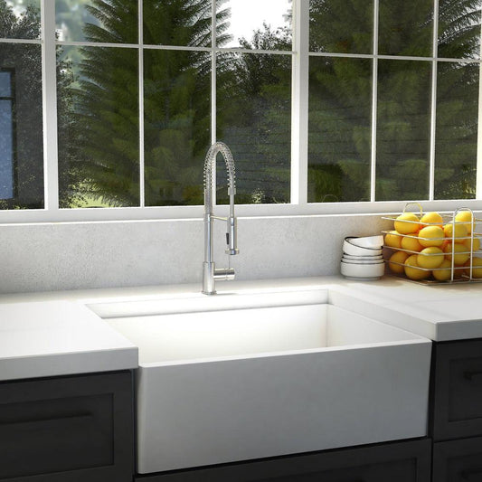 ZLINE Apollo Pull Down Spring Single Handle Kitchen Faucet in Chrome (APL-KF-CH) in a farmhouse kitchen.