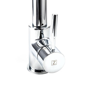 ZLINE Apollo Pull Down Spring Single Handle Kitchen Faucet in Chrome (APL-KF-CH) handle, close-up.