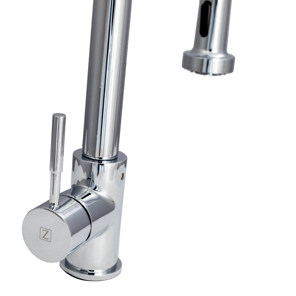 ZLINE Apollo Kitchen Faucet in Chrome (APL-KF-CH) mount and handle.