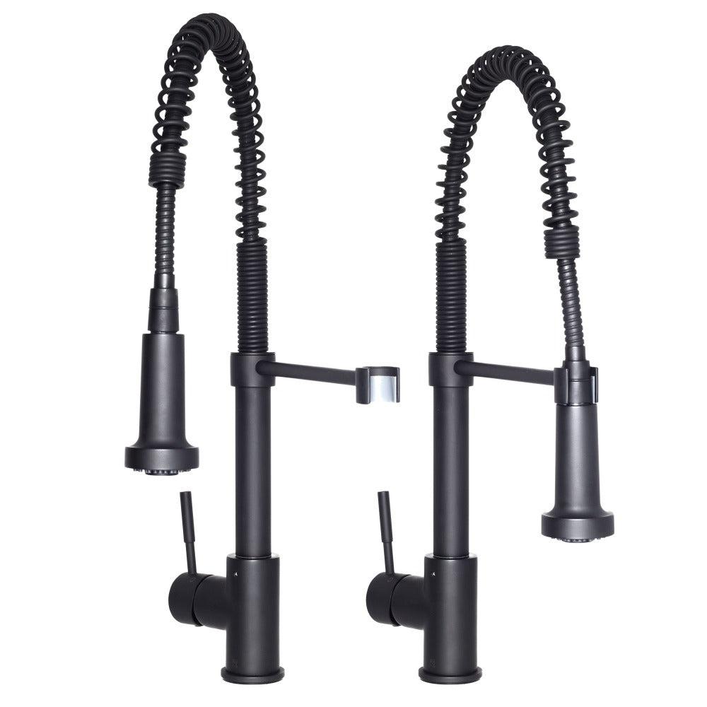 ZLINE Apollo Pull Down Spring Kitchen Faucet in Matte Black (APL-KF-MB) demonstrating pull down spray wand.