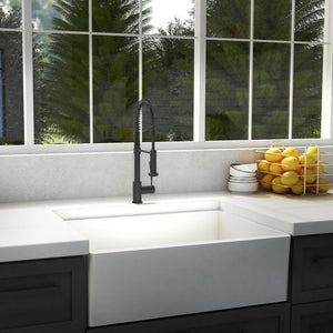 ZLINE Apollo Pull Down Spring Kitchen Faucet in Matte Black (APL-KF-MB) in a farmhouse kitchen.