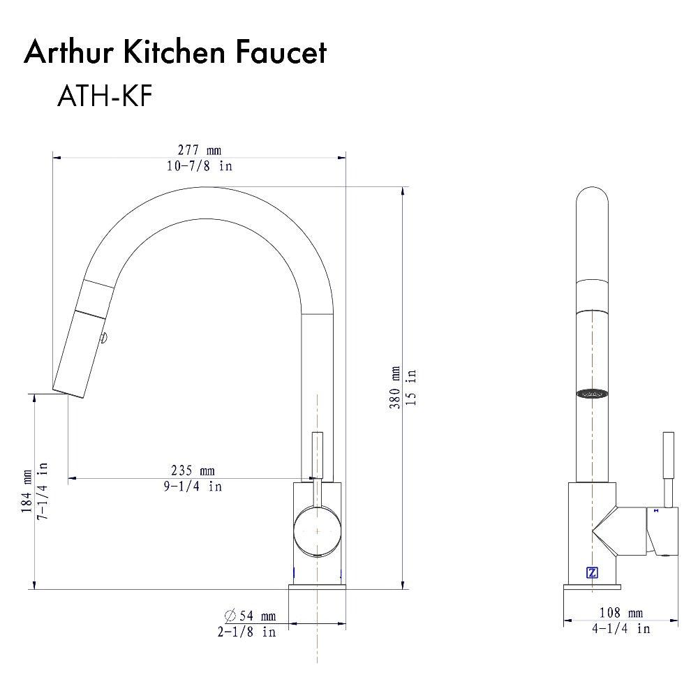 ZLINE Arthur Pull Down Kitchen Faucet in Brushed Nickel (ATH-KF-BN) dimensional diagram.