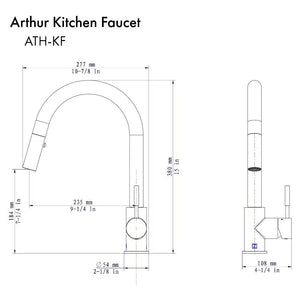 ZLINE Arthur Pull Down Single Handle Kitchen Faucet in Brushed Nickel (ATH-KF-BN) dimensional diagram.