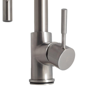 ZLINE Arthur Pull Down Single Handle Kitchen Faucet in Brushed Nickel (ATH-KF-BN) mount and handle, close-up.