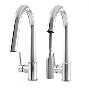 ZLINE Arthur Kitchen Faucet in Chrome (ATH-KF-CH) demonstrating pull down spray wand functionality.