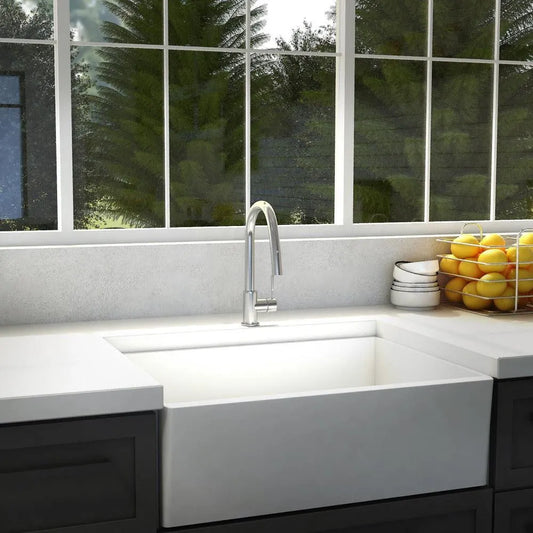 ZLINE Arthur Pull Down Single Handle Kitchen Faucet in Chrome (ATH-KF-CH) in a cottage-style kitchen.