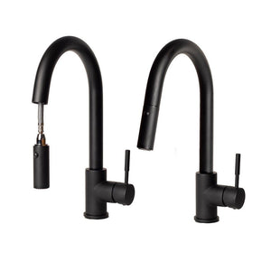 ZLINE Arthur Pull Down Single Handle Kitchen Faucet in Matte Black (ATH-KF-MB) demonstrating pull down spray wand functionality.