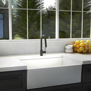 ZLINE Arthur Pull Down Single Handle Kitchen Faucet in Matte Black (ATH-KF-MB) in a farmhouse kitchen.