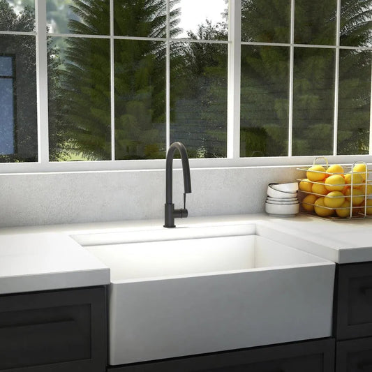 ZLINE Arthur Pull Down Single Handle Kitchen Faucet in Matte Black (ATH-KF-MB) in a farmhouse kitchen.