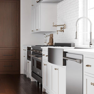 ZLINE Apollo Pull Down Spring Single Handle Kitchen Faucet in Chrome (APL-KF-CH) in a luxury rustic kitchen, side.