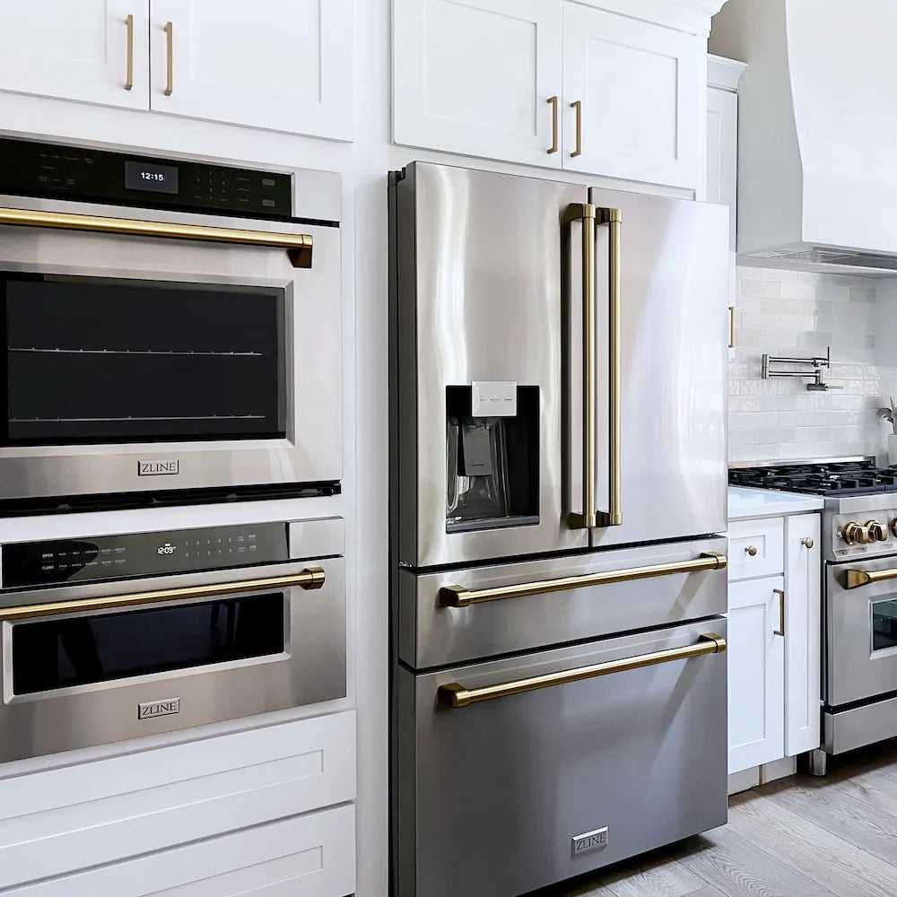 Modern kitchen with ZLINE Autograph Edition 30 in. 1.2 cu. ft. Built-In Microwave Drawer in Stainless Steel with Champagne Bronze Accents (MWDZ-30-CB) and a refrigerator and wall oven.