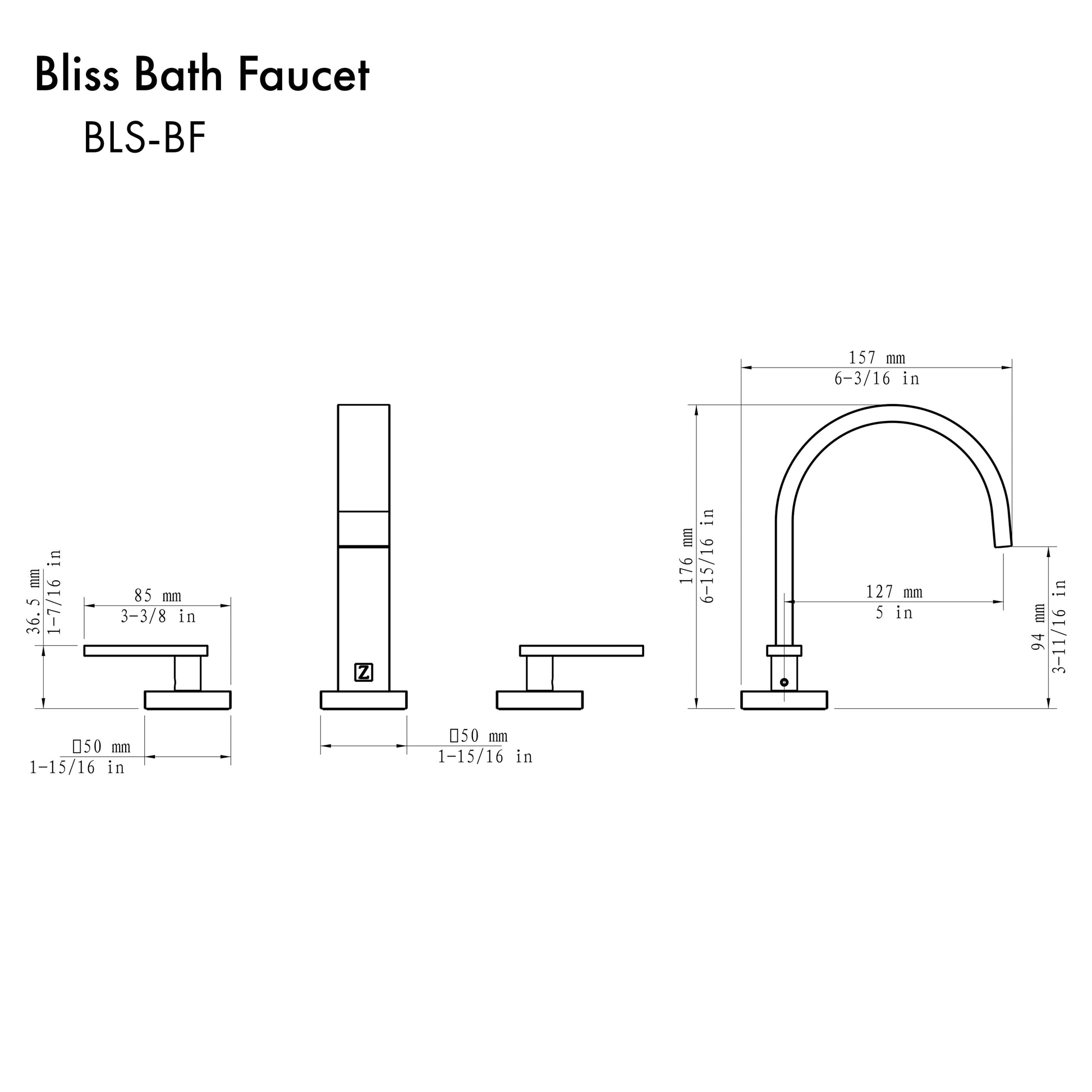 ZLINE Bliss Widespread Bath Faucet in Chrome (BLS-BF-CH) dimensional diagram.