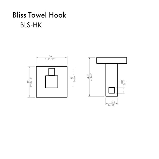 ZLINE Bliss Towel Hook in Brushed Nickel (BLS-HK-BN) dimensional diagram.
