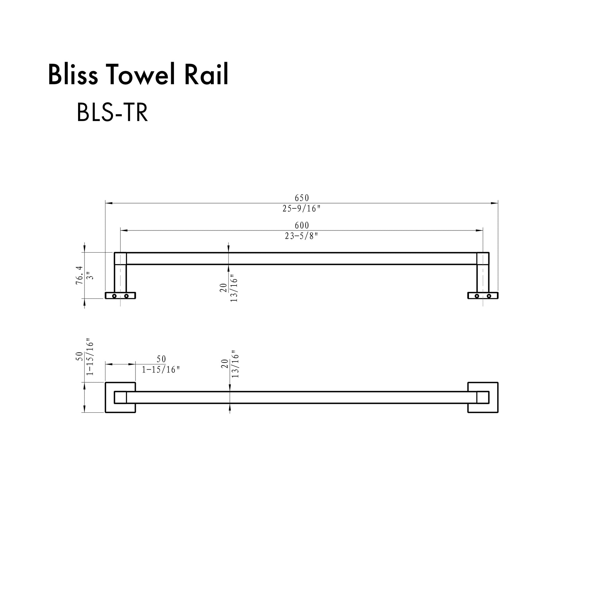 ZLINE Bliss Towel Rail in Matte Black (BLS-TR-MB) dimensional diagram.