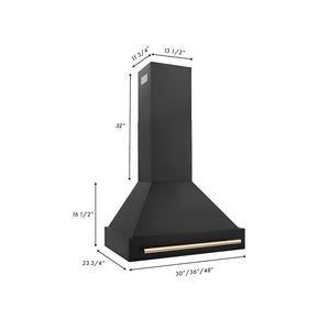 ZLINE Autograph Edition 30 in. Black Stainless Steel Range Hood with Polished Gold Handle (BS655Z-30-G) dimensional diagram.