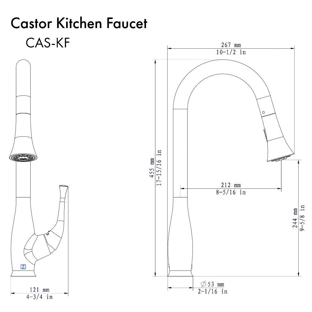 ZLINE Castor Pull Down Kitchen Faucet in Brushed Nickel (CAS-KF-BN) dimensional diagram.