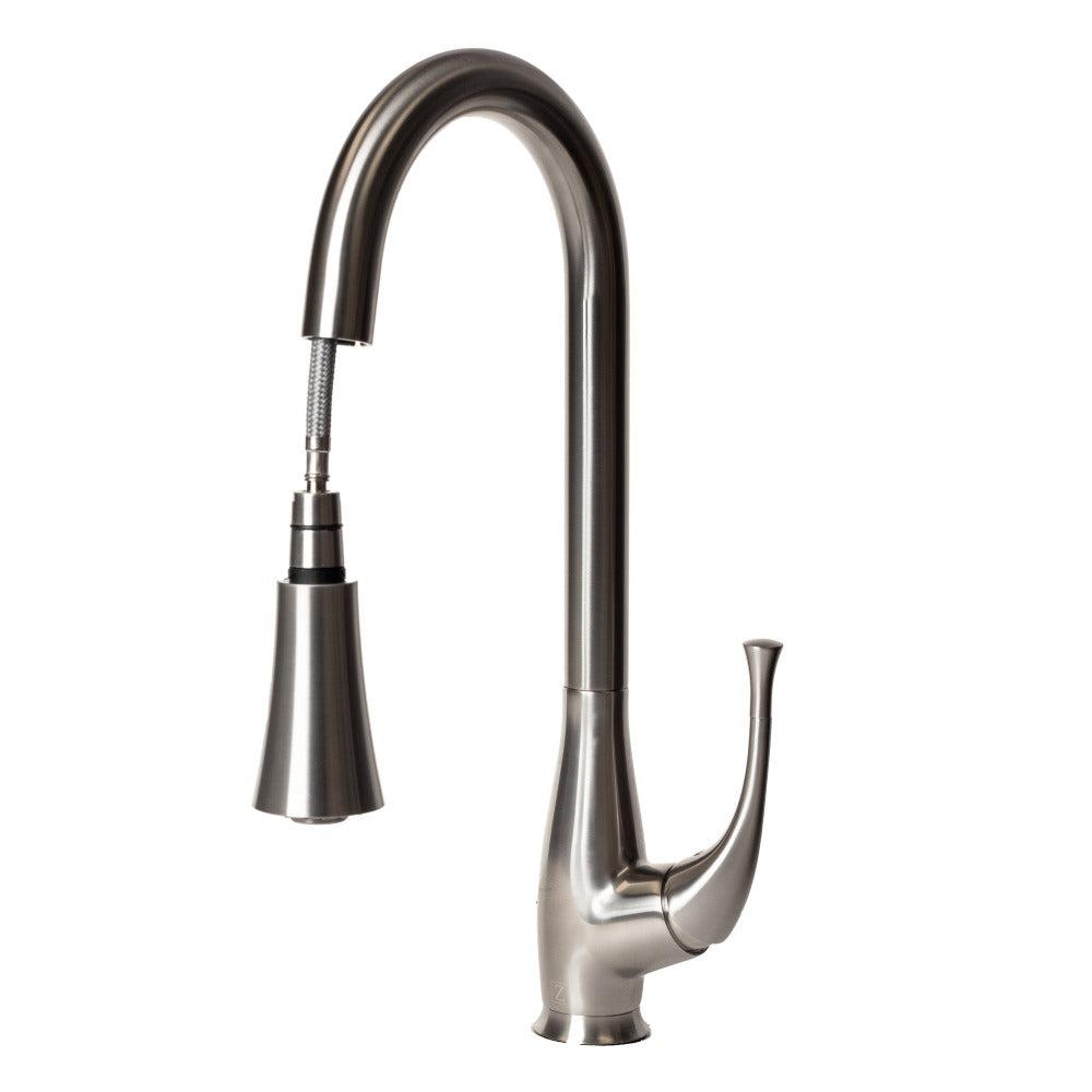 ZLINE Castor Pull Down Kitchen Faucet in Brushed Nickel (CAS-KF-BN) faucet head pulled down.