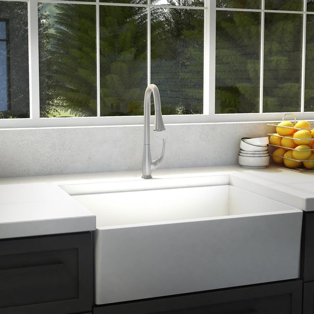 ZLINE Castor Pull Down Kitchen Faucet in Brushed Nickel (CAS-KF-BN) in a cottage-style kitchen.