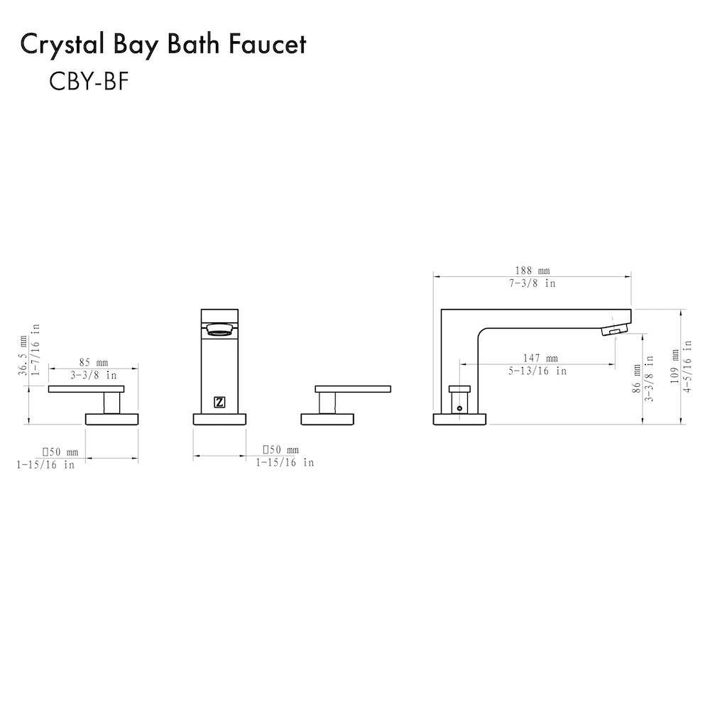 ZLINE Crystal Bay Widespread Bath Faucet in Brushed Nickel (CBY-BF-BN) dimensional diagram.