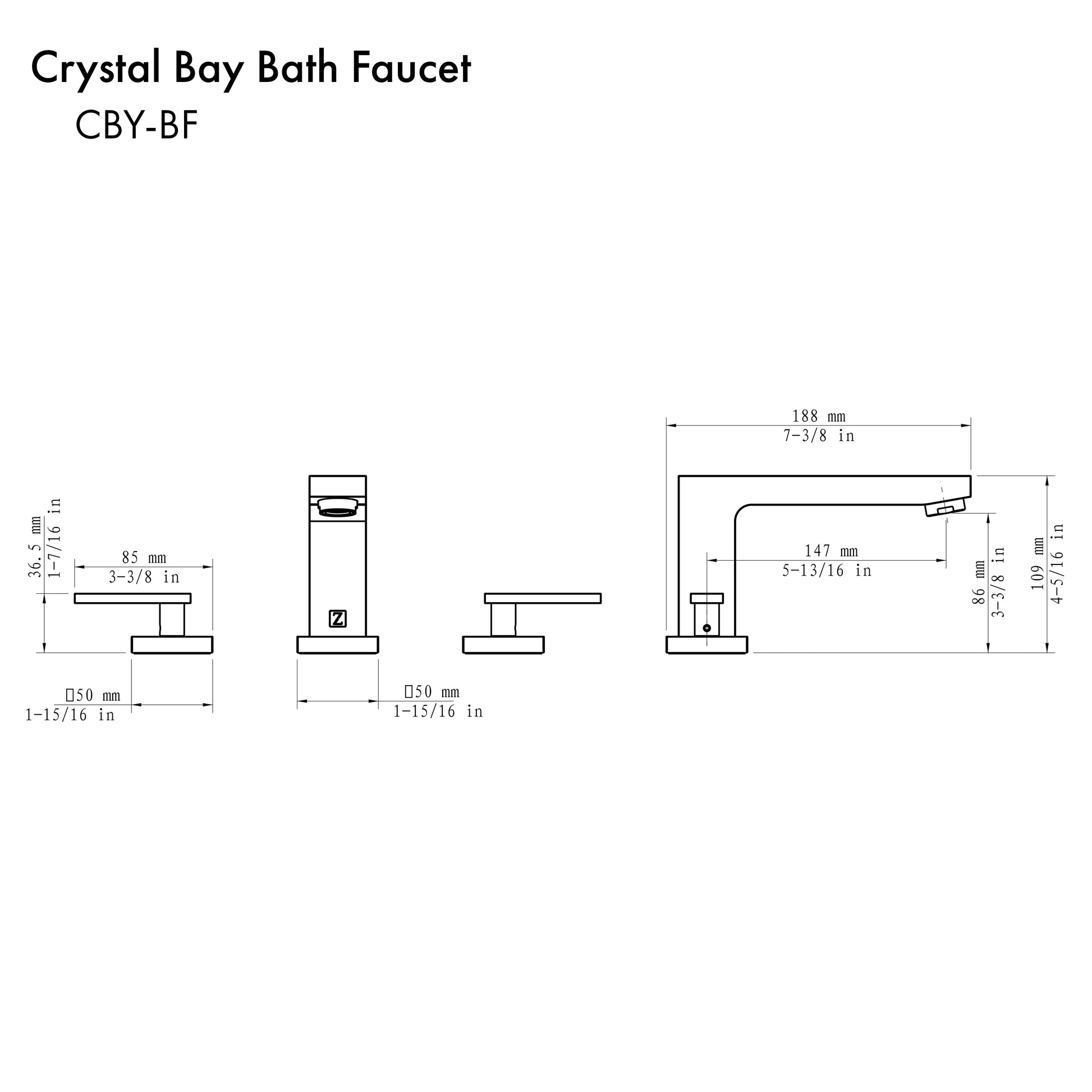 ZLINE Crystal Bay Widespread Bath Faucet in Chrome (CBY-BF-CH) dimensional diagram.