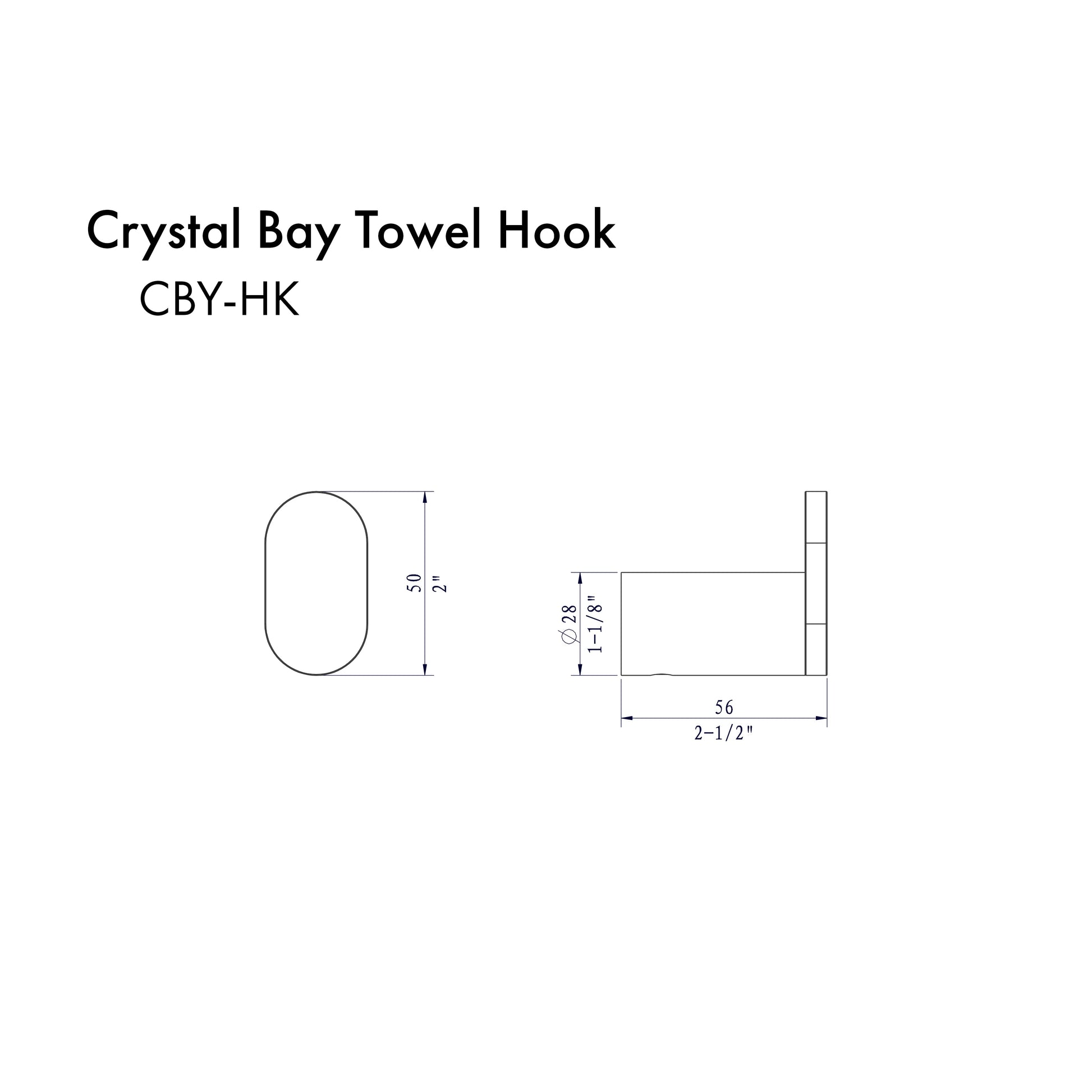 ZLINE Crystal Bay Towel Hook in Matte Black (CBY-HK-MB) dimensional diagram.