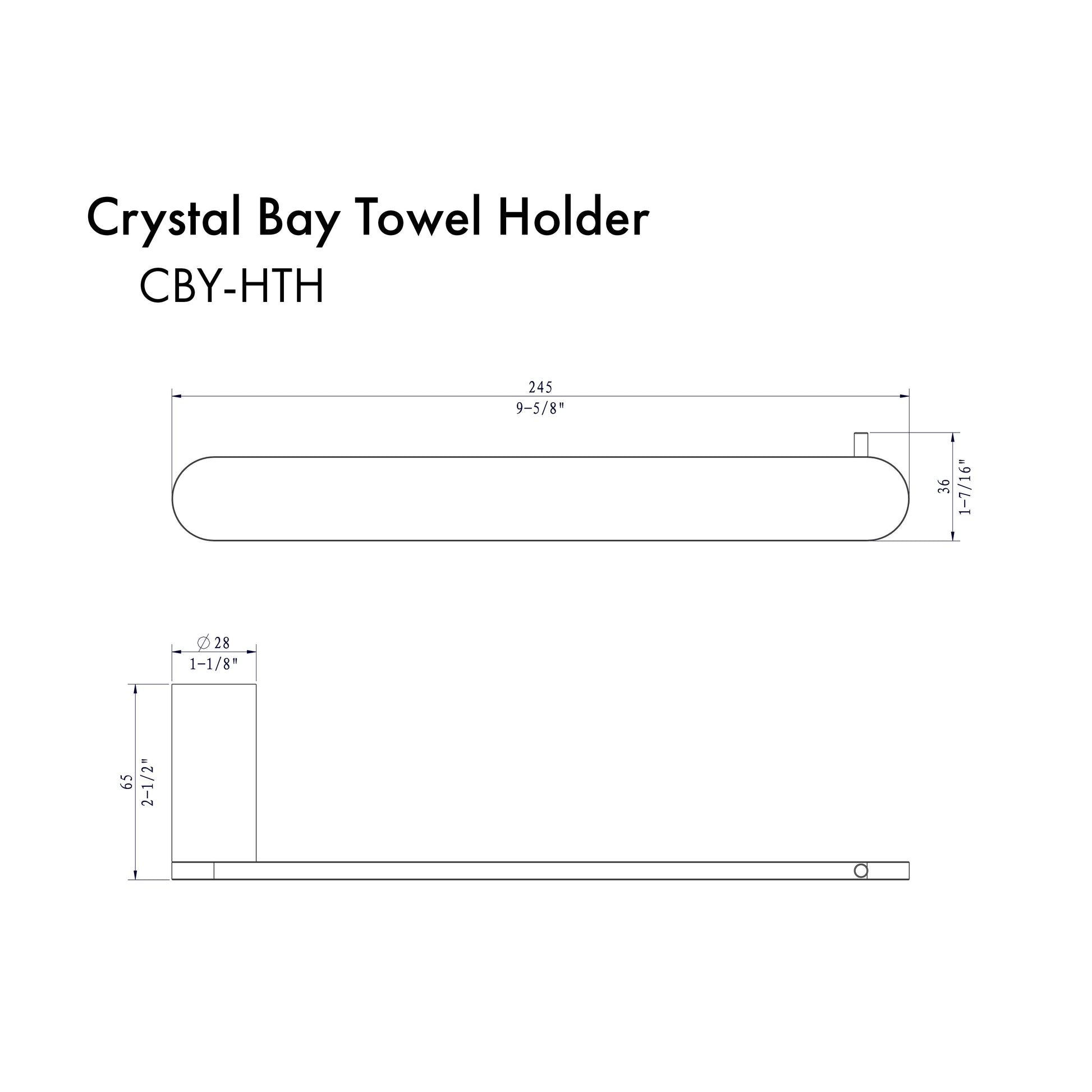 ZLINE Crystal Bay Towel Holder in Chrome (CBY-HTH-CH) dimensional diagram.