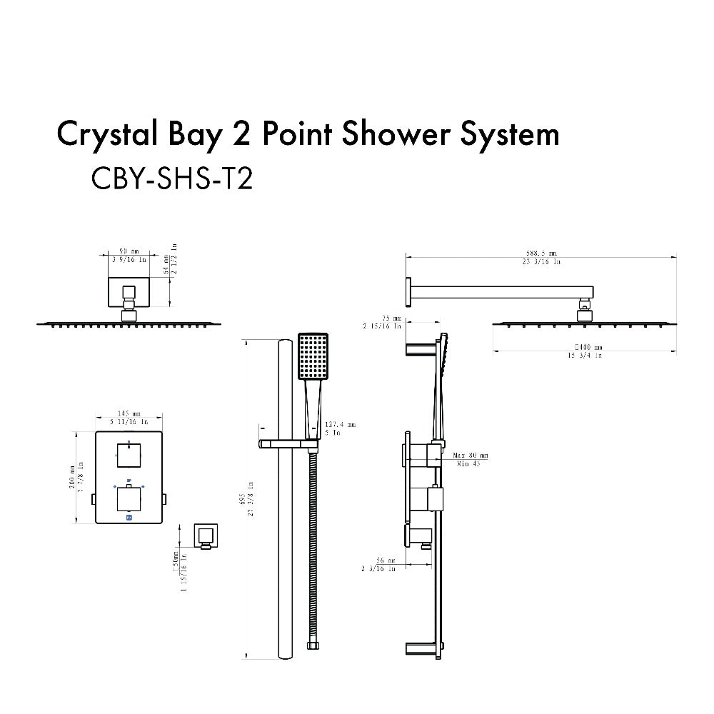 ZLINE Crystal Bay Thermostatic Shower System in Gun Metal (CBY-SHS-T2-GM) dimensional diagram.