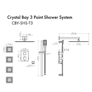 ZLINE Crystal Bay Thermostatic Shower System with Body Jets in Gun Metal (CBY-SHS-T3-GM) dimensional diagram.