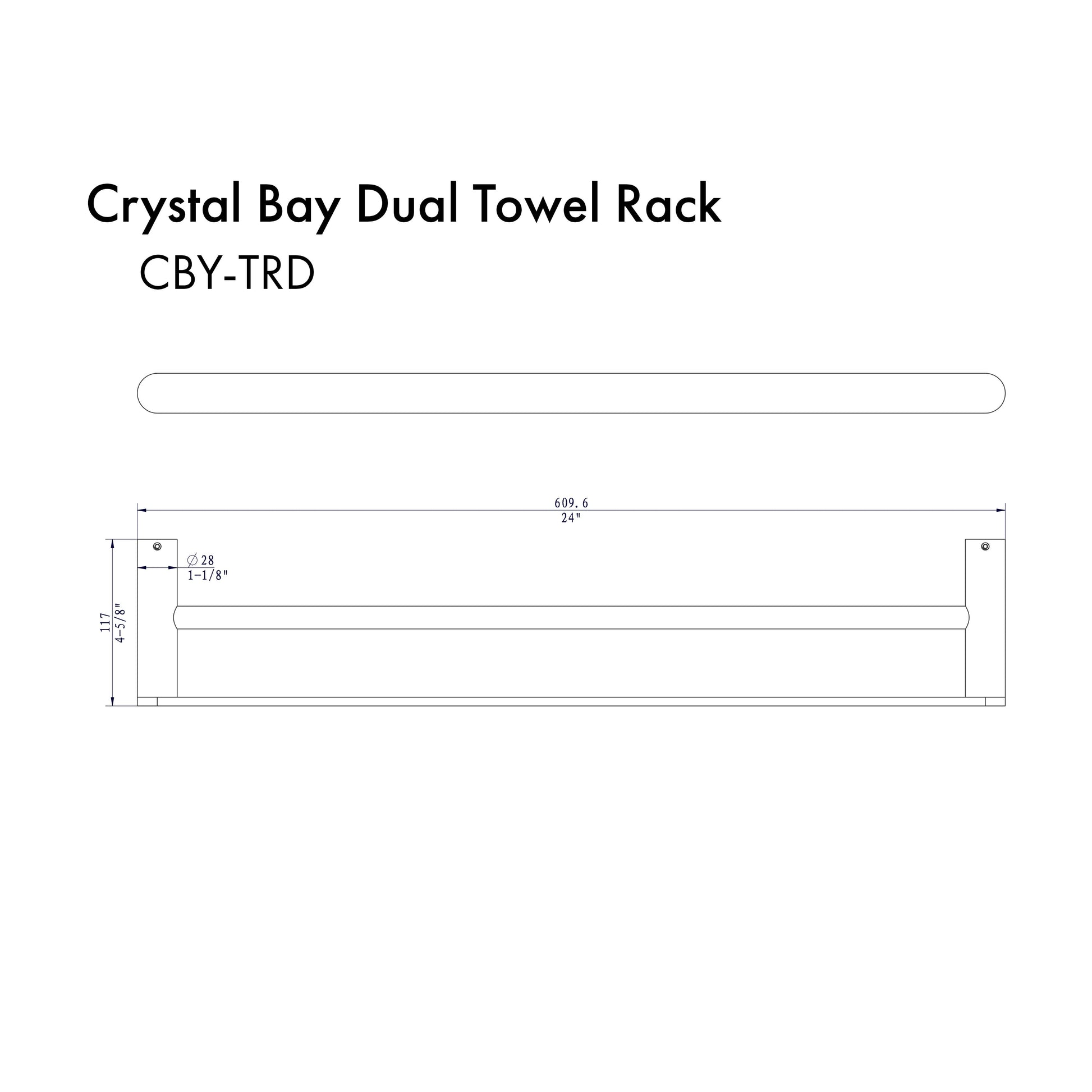 ZLINE Crystal Bay Double Towel Rail in Matte Black (CBY-TRD-MB) dimensional diagram.