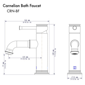 ZLINE Carnelian Single Handle Bath Faucet in Polished Gold (CRN-BF-PG) dimensional diagram.