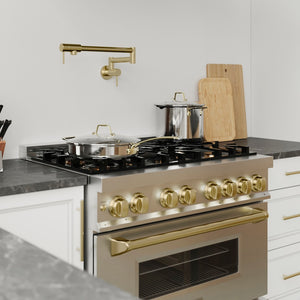 ZLINE Gemini Pot Filler in Champagne Bronze (GEM-FPF-CB) above a stainless steel range with bronze accents in a modern kitchen setting, side.
