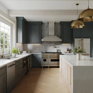 ZLINE Autograph Edition 48 in. Stainless Steel Range Hood with Stainless Steel Shell and Champagne Bronze Handle (8654STZ-48-CB) in a luxury kitchen with marble countertops and blue kitchen cabinets.