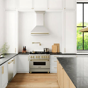 ZLINE Autograph Edition 36 in. 4.6 cu. ft. Legacy Dual Fuel Range with 6 Burner Gas Cooktop and Electric Convection Oven in Stainless Steel and Champagne Bronze Accents (RAZ-36-CB) in a luxury kitchen.