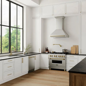 Modern kitchen with ZLINE 30 in. Garmisch Undermount Single Bowl Stainless Steel Kitchen Sink with Bottom Grid and Accessories (SLS-30), white cabinets, black countertops, and stainless steel appliances.