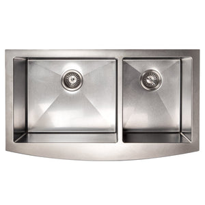 ZLINE Courchevel 36 in. Farmhouse Apron Mount Double Bowl Scratch Resistant Stainless Steel Kitchen Sink with Bottom Grid (SA60D-36S) overhead, no grate.