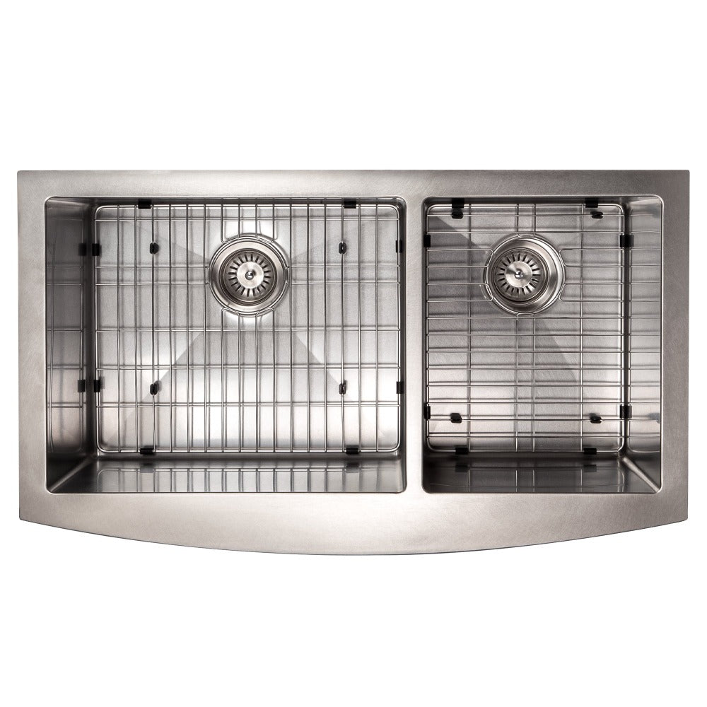 ZLINE Courchevel 36 in. Farmhouse Apron Mount Double Bowl Scratch Resistant Stainless Steel Kitchen Sink with Bottom Grid (SA60D-36S) overhead, with grate.