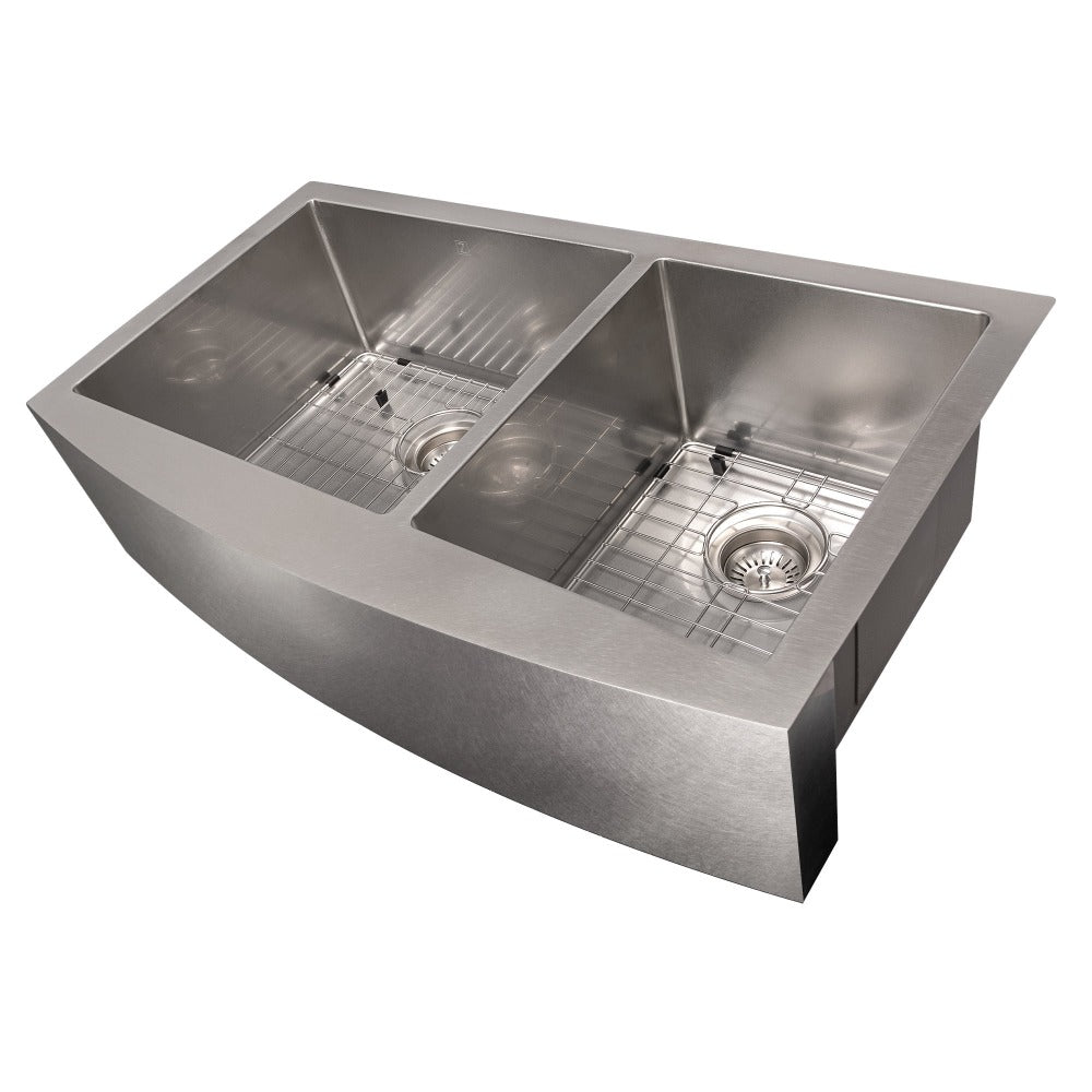 ZLINE Courchevel 36 in. Farmhouse Apron Mount Double Bowl Scratch Resistant Stainless Steel Kitchen Sink with Bottom Grid (SA60D-36S) side, angled, with grate.