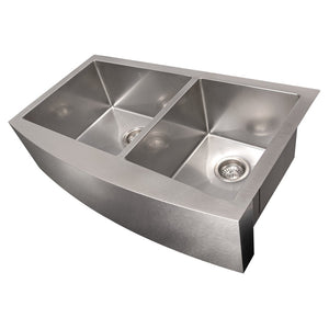 ZLINE Courchevel 36 in. Farmhouse Apron Mount Double Bowl Scratch Resistant Stainless Steel Kitchen Sink with Bottom Grid (SA60D-36S) side, angled, no grate.