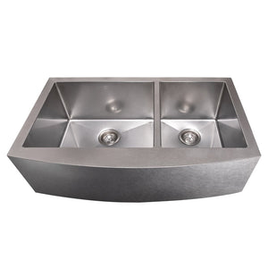 ZLINE Courchevel 36 in. Farmhouse Apron Mount Double Bowl Scratch Resistant Stainless Steel Kitchen Sink with Bottom Grid (SA60D-36S) front, above, no grate.