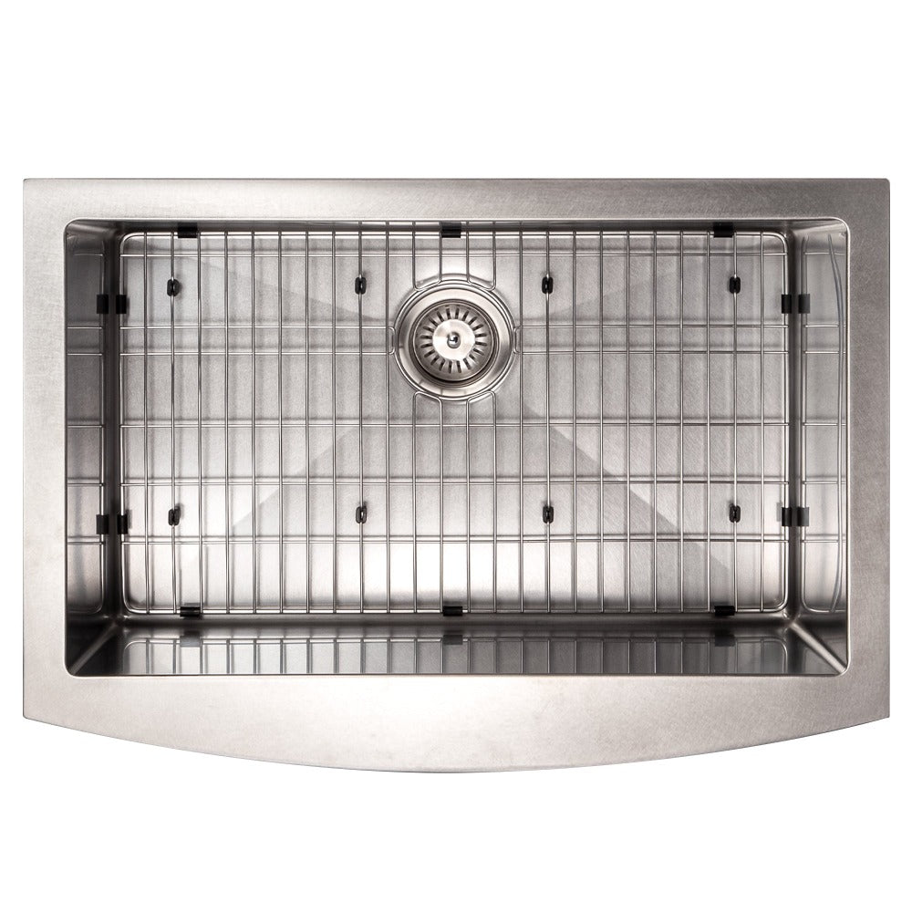 ZLINE Zermatt 30 in. Farmhouse Apron Mount Single Bowl Scratch Resistant Stainless Steel Kitchen Sink with Bottom Grid (SAS-30S) overhead, with grate.