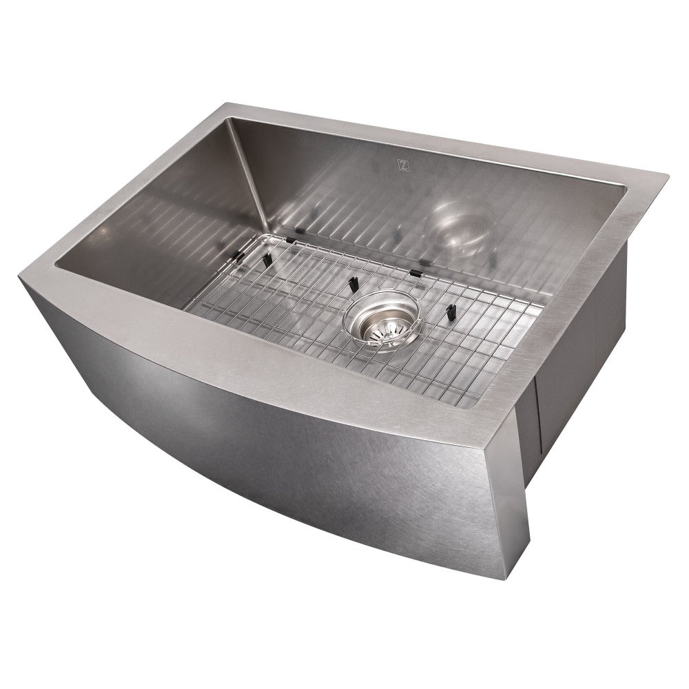 ZLINE Zermatt 30 in. Farmhouse Apron Mount Single Bowl Scratch Resistant Stainless Steel Kitchen Sink with Bottom Grid (SAS-30S) side, angled with grate in.