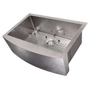 ZLINE Zermatt 30 in. Farmhouse Apron Mount Single Bowl Scratch Resistant Stainless Steel Kitchen Sink with Bottom Grid (SAS-30S) side, angled with grate in.