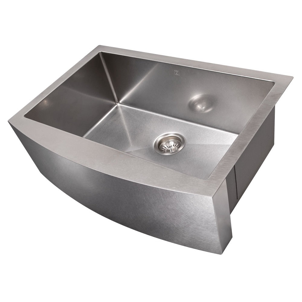 ZLINE Zermatt 30 in. Farmhouse Apron Mount Single Bowl Scratch Resistant Stainless Steel Kitchen Sink with Bottom Grid (SAS-30S) side, angled, no grate.