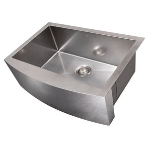 ZLINE Zermatt 30 in. Farmhouse Apron Mount Single Bowl Scratch Resistant Stainless Steel Kitchen Sink with Bottom Grid (SAS-30S) side, angled, no grate.