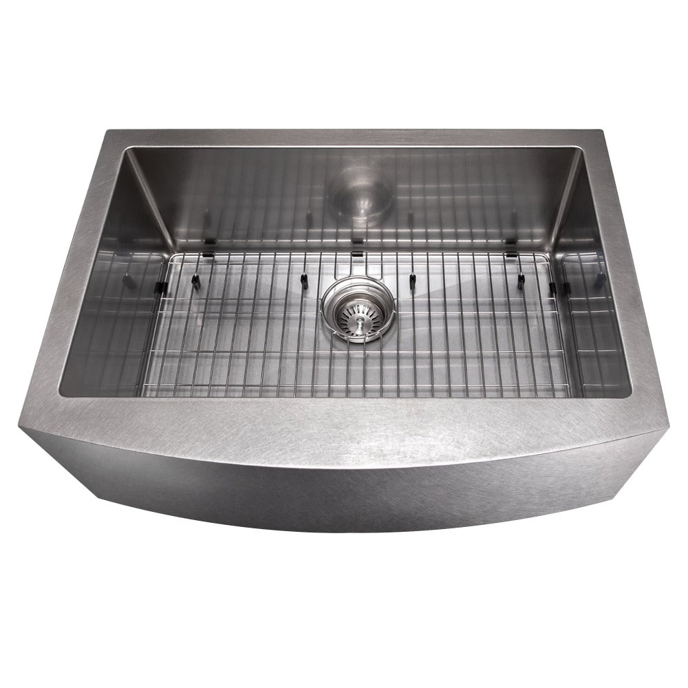 ZLINE Zermatt 30 in. Farmhouse Apron Mount Single Bowl Scratch Resistant Stainless Steel Kitchen Sink with Bottom Grid (SAS-30S) front, above, with grate.