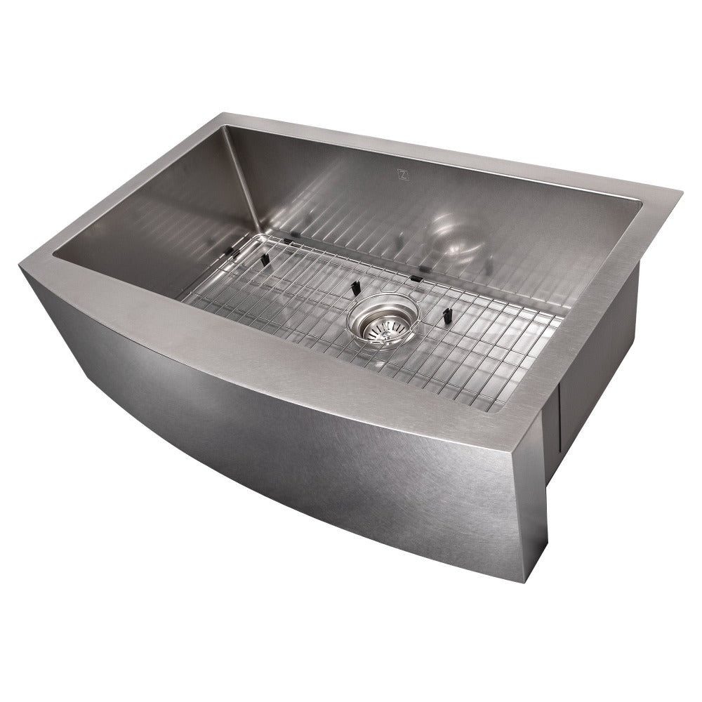 ZLINE Zermatt 30 in. Farmhouse Apron Mount Single Bowl Scratch Resistant Stainless Steel Kitchen Sink with Bottom Grid (SAS-30S) side, angled with grate in.