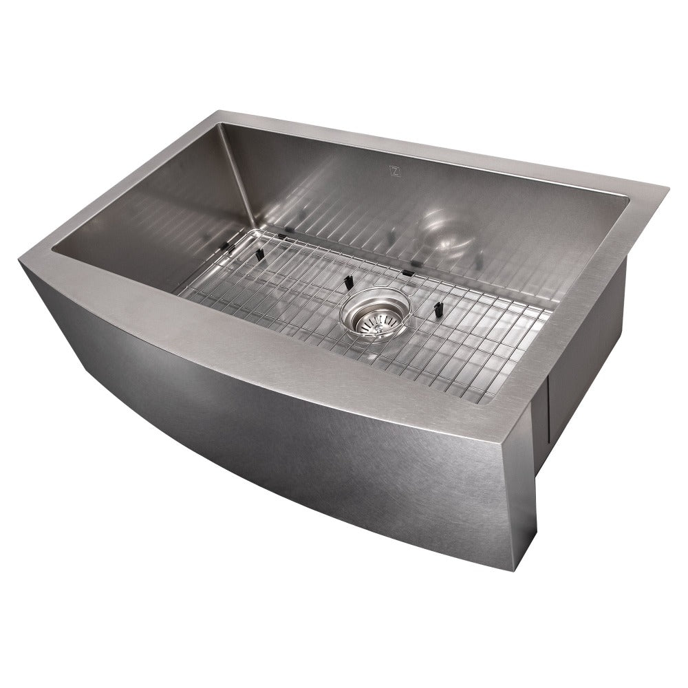 ZLINE Vail 33 in. Farmhouse Apron Mount Single Bowl Stainless Steel Kitchen Sink with Bottom Grid (SAS-33) side, angled with grate in.