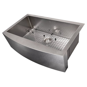 ZLINE Vail 33 in. Farmhouse Apron Mount Single Bowl Stainless Steel Kitchen Sink with Bottom Grid (SAS-33) side, angled with grate in.